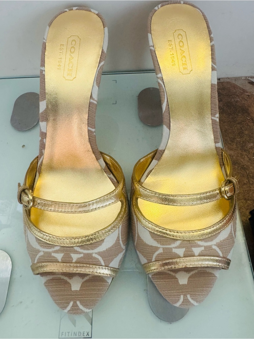 Coach Gold & Tan Signature Slip-On Mules